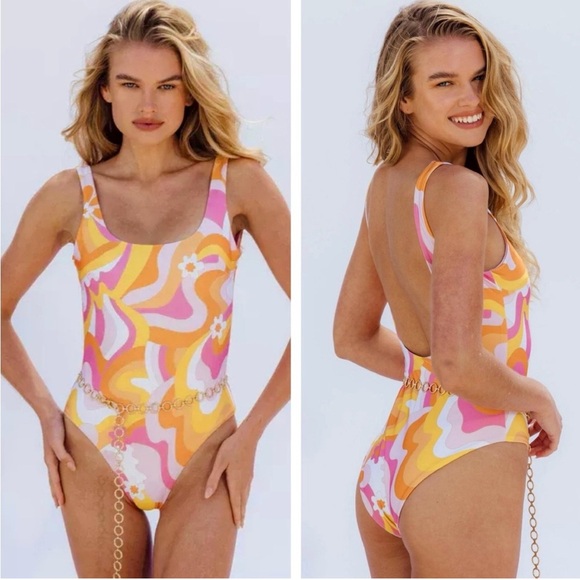 Funboy X Barbie Dream Swim Raquel One Piece Swimsuit Floral Pink Orange XL Wavy - Picture 1 of 11